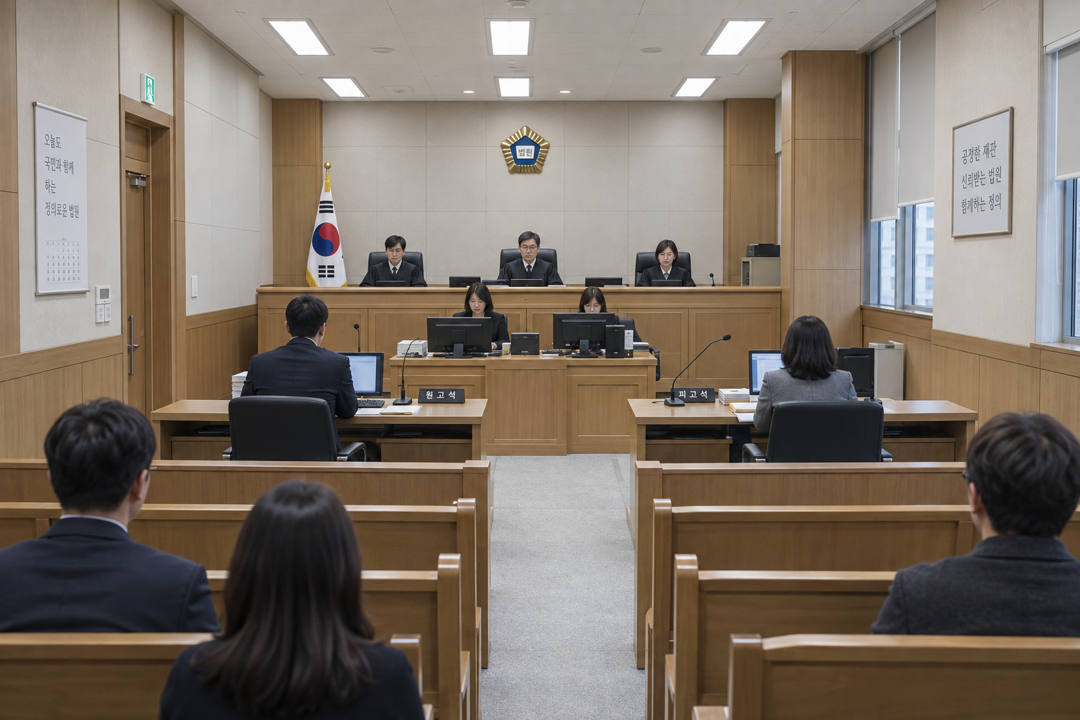 재판석과 당사자석, 방청석이 보이는 대한민국 법정 형식의 AI 제작 이미지